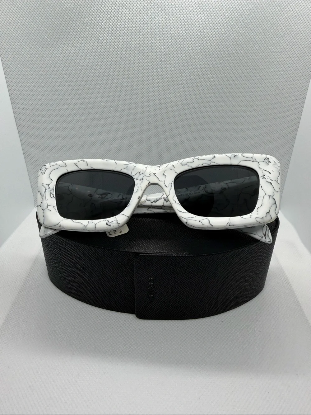 Prada White Marble Rectangular Sunglasses with Dark Lenses